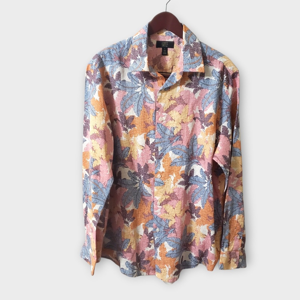 Club Room Luxury Linen Mens Large Floral Tropical Long Sleeve Button Down Shirt